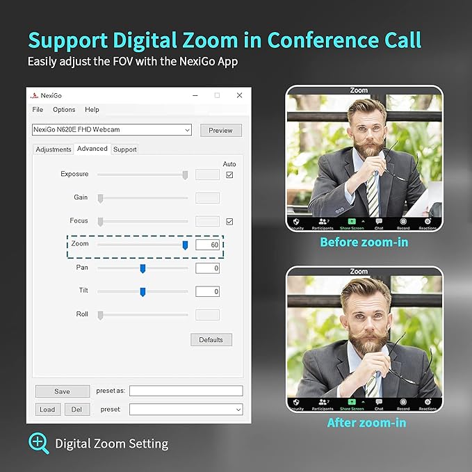 NexiGo N620E 60FPS AutoFocus ePTZ Webcam, 2X Digital Zoom, Ring Light & Privacy Cover, [Software Included], 1080P FHD Streaming Web Camera, Dual Stereo Mics, for Zoom Skype Teams (Renewed)