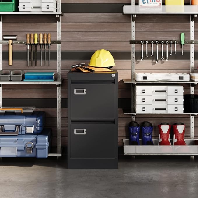 2 Drawer File Cabinet with Lock, Metal Vertical File Storage Cabinet, 18" Deep Vertical Filing Cabinets for Home Office to Hanging A4 Legal/Letter Size, Assembly Required (2 Drawer - Black)