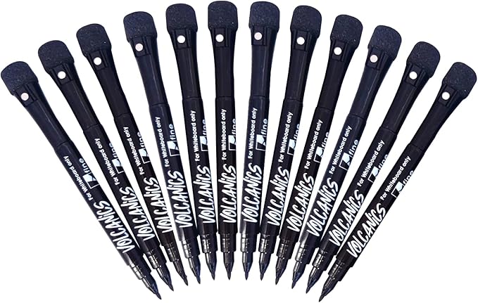Volcanics Magnetic Dry Erase Markers With Eraser Low Odor Fine Tip Whiteboard Pens Pack of 12, Black