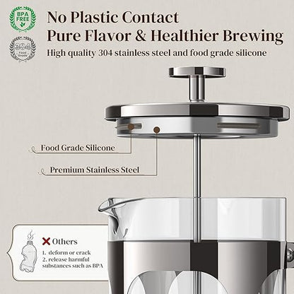 Veken French Press Coffee Maker 34oz 1 L, No Plastic Touching Cafe, Heat Resistant Thickened Borosilicate Glass, Stainless Steel Brewer,Cold Brew Cafetera Teapot for Kitchen Travel Camping,Dark Pewter