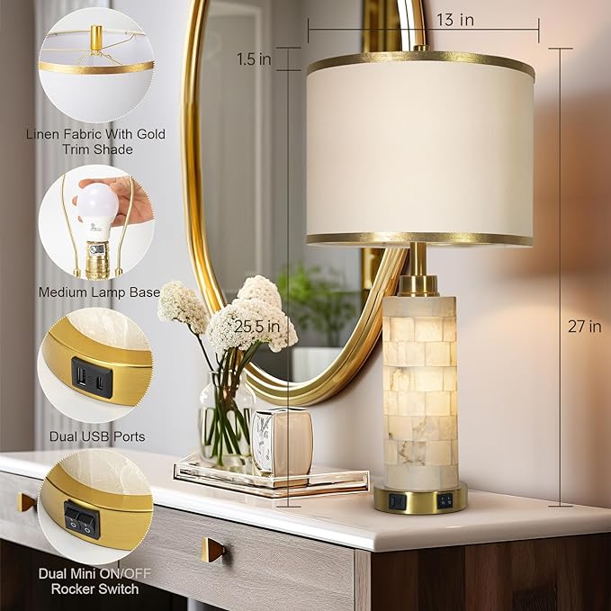27" Natural Alabaster Table Lamps Set of 2, Lamps for Living Room Bedroom,Bedside Lamps with Night Light,Nightstand Lamp with USB A+C Ports,Modern Table Lamp with Linen Shade (Bulbs Included)