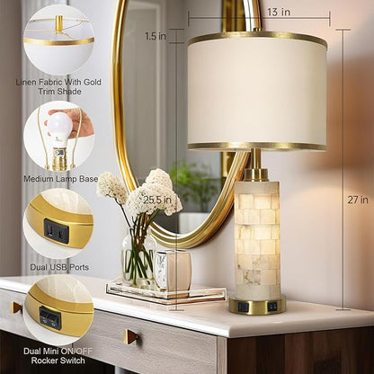 27" Natural Alabaster Table Lamps Set of 2, Lamps for Living Room Bedroom,Bedside Lamps with Night Light,Nightstand Lamp with USB A+C Ports,Modern Table Lamp with Linen Shade (Bulbs Included)