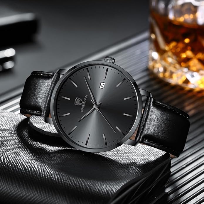 CHEETAH Minimalist Waterproof Quartz Watches for Men with Leather Strap, Auto Date