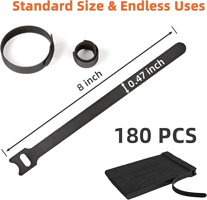 180PCS Reusable Cable Ties with Hook and Loop, Multi-purpose Adjustable 8 Inch Cable Management Wire Ties Cable Straps for Organizing Home, Office and Data Centers, Black