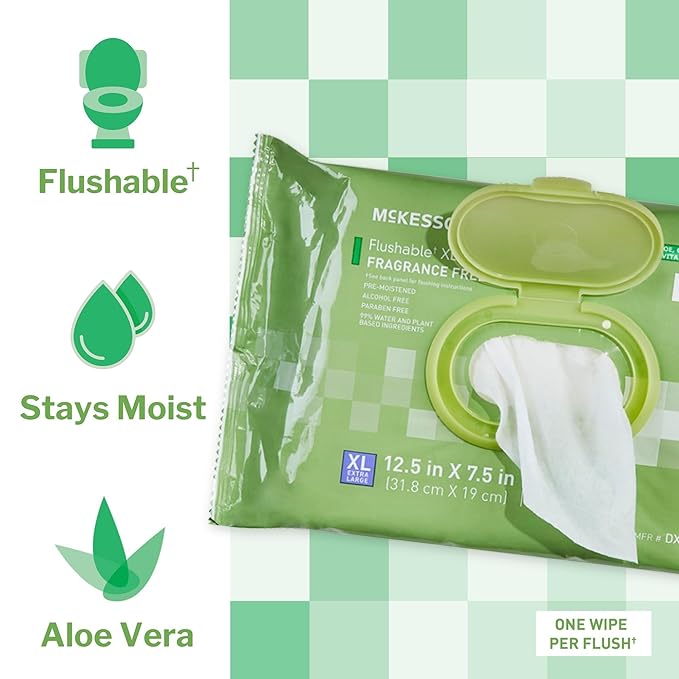 McKesson Flushable* Adult Wet Wipes XL – 576 Wipes (12 Pack of 48) – Aloe & Vitamin E, Plant-Based Cleansing Wipes, Unscented, Extra Large