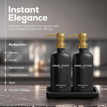 Luxury Glass Soap Dispenser Bathroom Set by Brighter Barns - Black and Gold Soap and Lotion Dispenser Set with Tray - Modern Bathroom Decor for Airbnb, Guest House, Vacation Rental, Gift (Black/Gold)