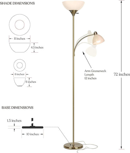 Brightech Sky Dome Plus LED Floor lamp, Torchiere Super Bright Floor Lamp with Reading Lamp for Living Rooms & Offices - Dimmable Tall Standing Lamp for Bedroom Reading - Gold Brass