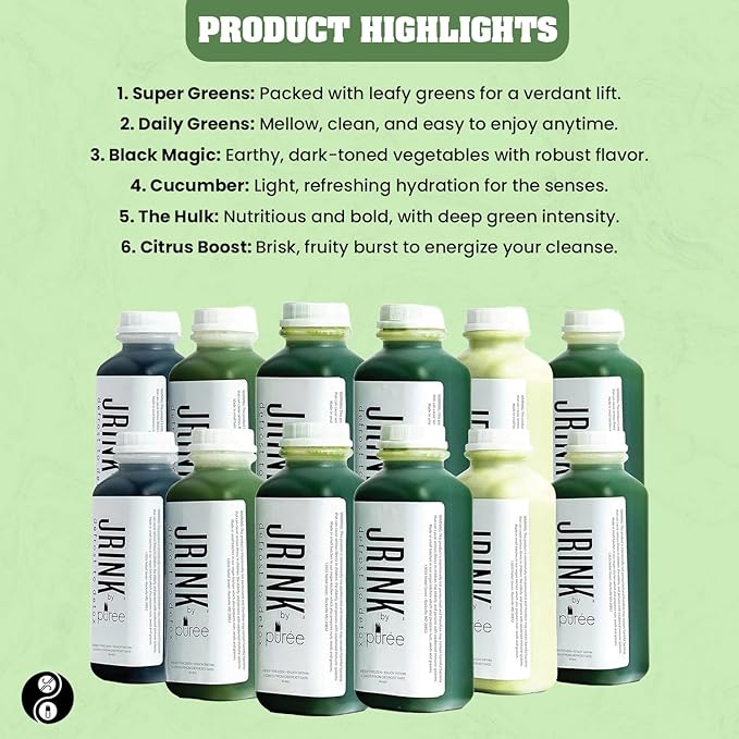 JRINK by Purée Advance Juice Cleanse, Cold Pressed Detox Drink with Organic 2 Day-Healthy Vegetable and Fruit Juice, Frozen Pressed Juice Cleanse, 12 Bottles, 16oz Each
