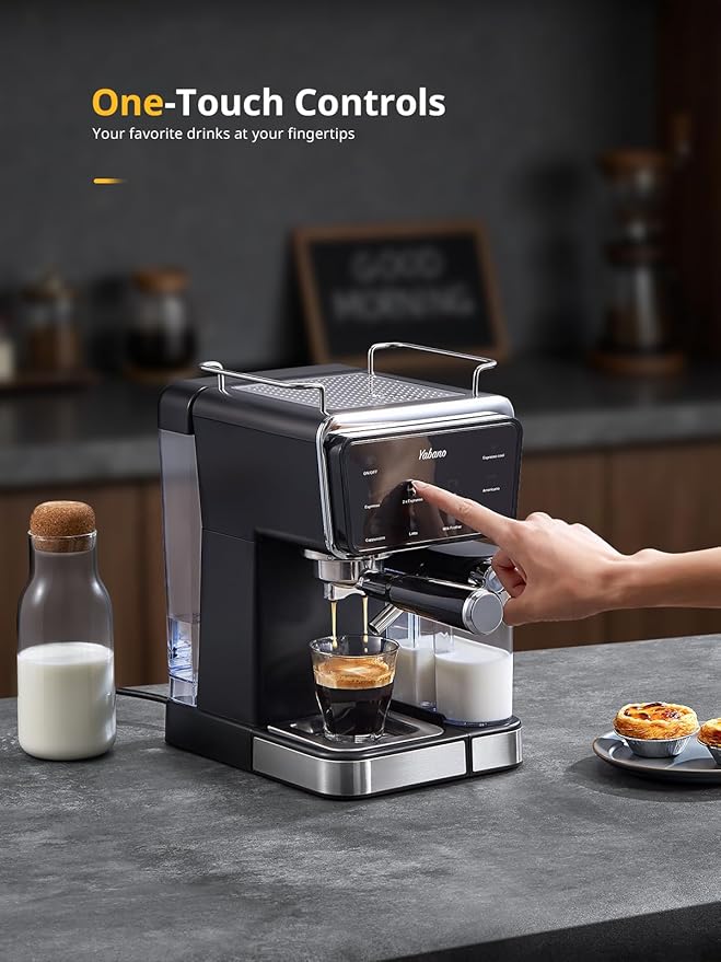 Yabano Espresso Machine with LED Touch Screen, 20 Bar Pressure & Automatic Milk Frother, 1.5L Water Tank, for Cappuccino, Americano & Latte, 1350W