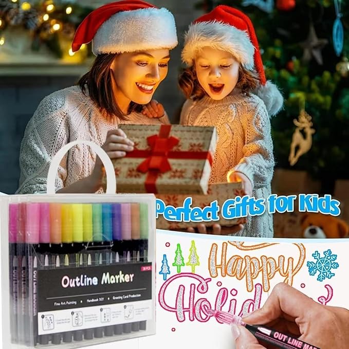Shimmer Markers Double Line Outline Markers, 24 Color Squiggles Set for Drawing, Art School Supplies, Cards Lettering, Gift for 4-12 Year Old Girl