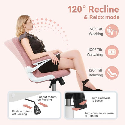 Office Chair with Wheels, Ergonomic Computer Desk Chair with Flip-up Armrest, Adjustable Rolling Swivel Chair Teddy Fleece – Dusty Pink