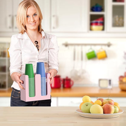 WINFFOR Disposable Cup Organizer Dispenser - 2 Compartments Lightpink Acrylic Cup and Lid Holder with Handles Plastic Cup Dispenser Countertop Paper Cup Holder for Coffee Bar House Party Essentials