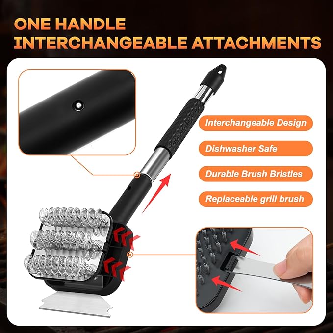 BBQ Grill Brush Set，Safe Grill Cleaning Brush Set and Scraper with Replacement Sponge Heads and Various Cleaning Brushes for Porcelain Charcoal Grill