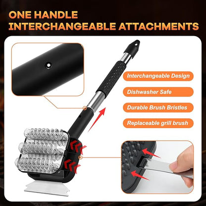 BBQ Grill Brush Set，Safe Grill Cleaning Brush Set and Scraper with Replacement Sponge Heads and Various Cleaning Brushes for Porcelain Charcoal Grill