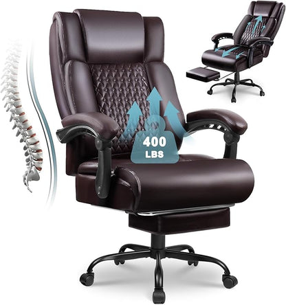 Big and Tall Office Chair with Foot Rest 400lbs, Heavy Duty Executive Leather Office Chair for Heavy People, Comfy High Back Ergonomic Office Desk Chair with Footrest and Lumbar Support, Brown