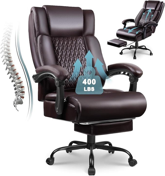 Big and Tall Office Chair with Foot Rest 400lbs, Heavy Duty Executive Leather Office Chair for Heavy People, Comfy High Back Ergonomic Office Desk Chair with Footrest and Lumbar Support, Brown