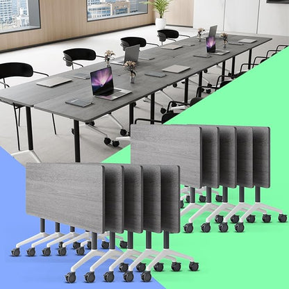 Conference Table,Folding Conference Table with Silent Wheels,Rectangular Business Conference Room Table,for Reception Offices Classrooms Meeting Training Room (10, Grey, 55.1in)