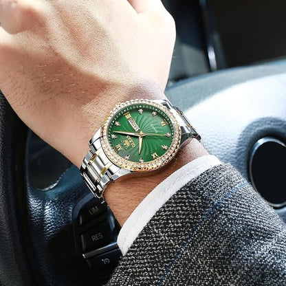 Men's Casual Stainless Steel Watch, Big Face Easy to Read Analog Quartz Watch with Day and Date, Classic Waterproof Diamond Roman Arabic Numerals Dial Dress Watch for Men, Gold Silver Black Band