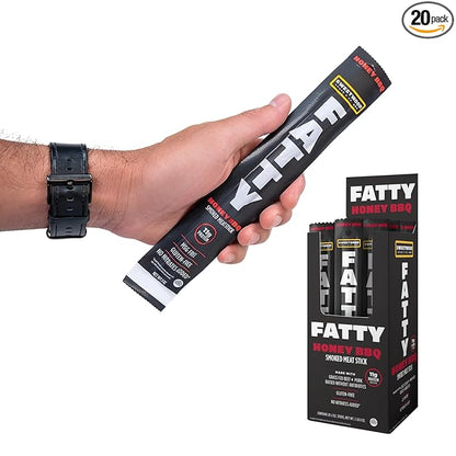 FATTY Meat Sticks, Made with Grass Fed Beef, Pork Raised Without Antibiotics, 11g Protein Per Stick, Honey BBQ, Stocking Stuffer, 2 oz. (Pack of 20)