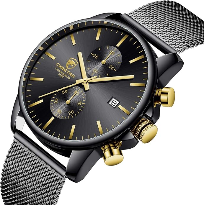 GOLDEN HOUR Mens Watch Fashion Sleek Minimalist Quartz Analog Mesh Stainless Steel Waterproof Chronograph Watches for Men with Auto Date