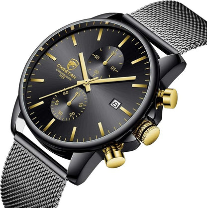 GOLDEN HOUR Mens Watch Fashion Sleek Minimalist Quartz Analog Mesh Stainless Steel Waterproof Chronograph Watches for Men with Auto Date