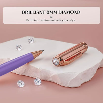 Luxury Gel Pen, Top Set With 8mm Brilliant Diamond,Stylish Purple Pen Body,Attractive Rose Real Gold Finish, Black Ink Refill,Elegant Gift Pen For Women, Unique, Fancy, Office Pens