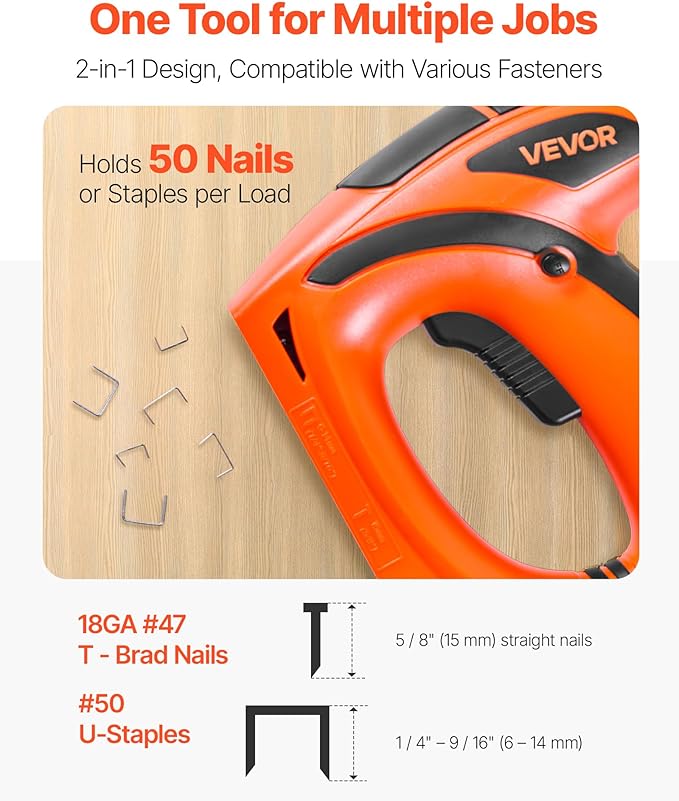 VEVOR Electric Nail Gun, 2-in-1 Staple Gun Brad Nailer, 18 Gauge 5/8 inch, Stapler Brad Nailer with 1000 Pcs Staples and 1000 Pcs Brad Nails, Non-Slip Rubber Grip, for Woodworking and DIY Projects