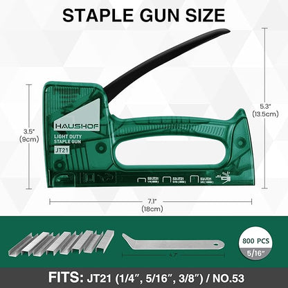 HAUSHOF Light Duty Staple Gun, Upholstery Staple Gun with 800PCS JT21 Staples and Stapler Remover, Fits JT21 Staple of 1/4'', 5/16'' & 3/8'', Used for Wood, Classroom, Crafts, DIY (Green Transparent)