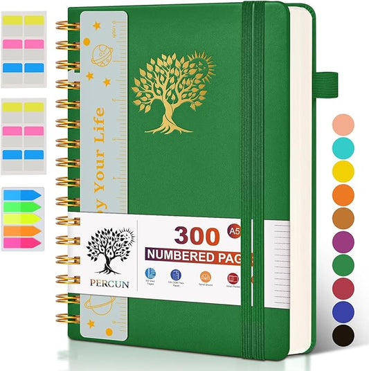 Spiral Notebook Journal for Women Men, 300 Numbered Lined Pages, College Ruled, A5 Hardcover Spiral Bound Notebook for School, Work, Note Taking Writing, Leather Spiral Journal Medium 5.9"x8.5"