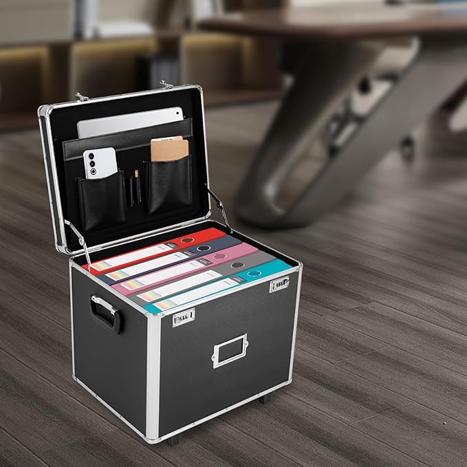 Portable File Box Hand Pull Locking Mobile Business Case with Handle Wheels Modern File Organizer Storage Box with Lock Rolling Wheeled File Cabinet for Office Documents, 19.2 x 15 x 16 Inch Black