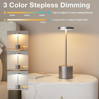 Kakanuo Grey Rechargeable Cordless Lamp - Touch Control, 3 Color Temperature, Wireless Battery Operated Lamps, Stepless Dimmable, Set of 2
