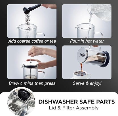 Elite Gourmet FP1223 1 Liter French Press Coffee Maker, Double Wall Insulated Borosilicate Glass Carafe, Dishwasher Safe Stainless Steel Filter/Plunger Assembly, Removable Silicone Base, Easy to Clean