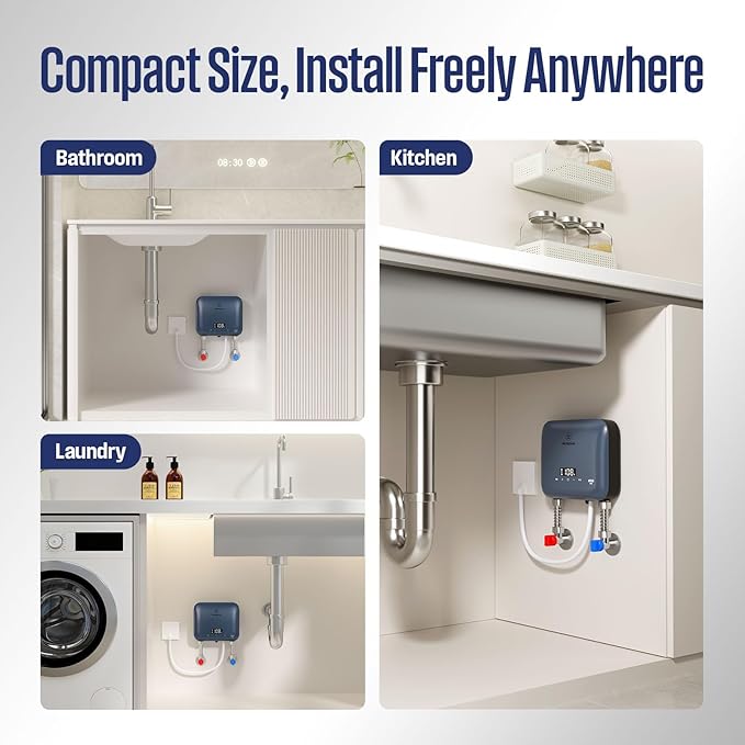 Westinghouse Apolo Mini 8kW Tankless Water Heater Electric, 240V Instant Hot Water, Smart WiFi Control, Compatible with Alexa & Google Home, Deep Blue
