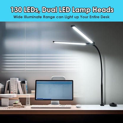LED Desk Lamp with Two Heads, Clamp On Desk Lamps, 24W, 4000 LMS, CRI>90, 5 Color Modes (2600K-6500K), 10 Brightness Levels, Adapter Included