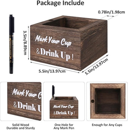 Wooden Cup Holder - Party Cup Holder with Marker Slot, for Party and Wedding, Rustic Disposable for Bar, Kitchen, Countertop, Home & Office, Brown