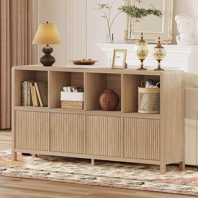 FATORRI 8 Cube Bookshelf with 4 Doors, Modern Mid Century Wood Book Shelf with Storage, Low Horizontal Cubby Bookcase for Home Office (Light Walnut)