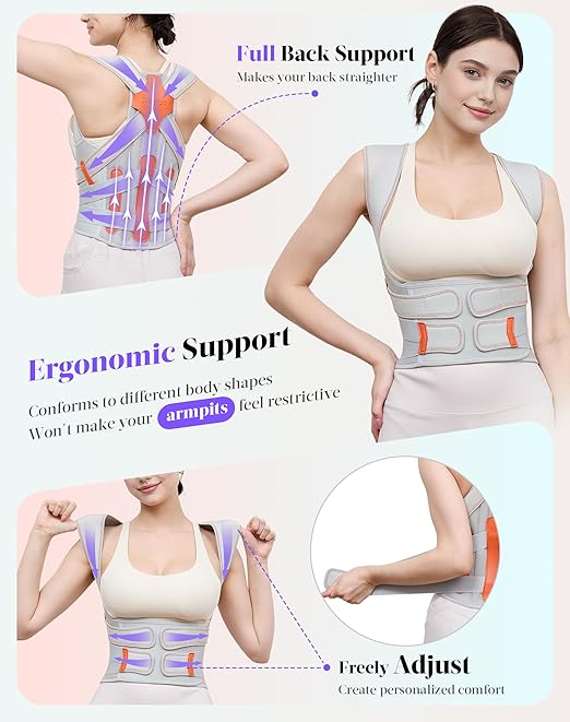 Posture Corrector for Women and Men, 5 Full Back Support Brace Rods, Adjustable Shoulder Straightener, FSA&HSA Eligible, Relief for Upper and Lower Back, Lumbar, Neck Pain (Gray, Small)