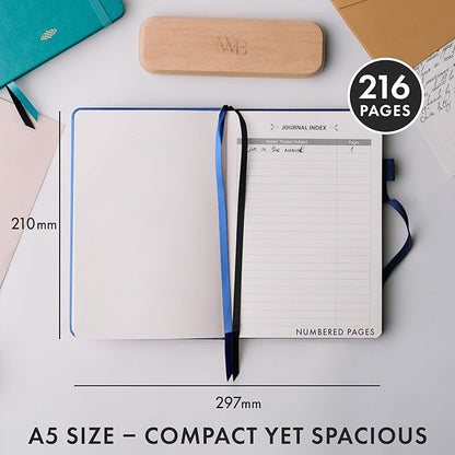 Wordsworth & Black A5 Lined Journal 216 Lined Pages, Hardcover Leather, 120 GSM Paper, Journaling Notebook for Work & Sketching, Journals for Women, Men - Gifts Box Included Blue