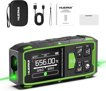 Huepar Dual Laser Measuring Tool, 656Ft Green-Beam Bilateral Digital Laser Distance Measure 6 Units Ft/in/M, Rechargeable Laser Measurement Tool -Backlit LCD Display, Length/Area/Volume/Angle Sensor