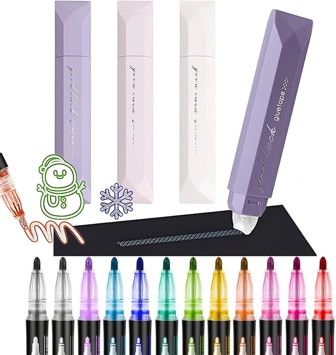 4-Pack Strong Double Sided Tape Roller with 12 Colors Double Line Outline Marker|0.23inx16.4ft Adhesive Tape Glue for Christmas Gift Wrapping,Scrapbooking,Photo,School Office DIY (Purple+12 Pens)