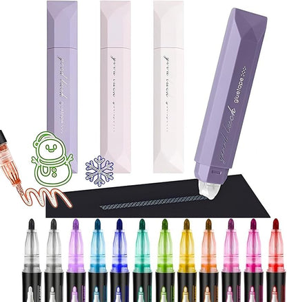 4-Pack Strong Double Sided Tape Roller with 12 Colors Double Line Outline Marker|0.23inx16.4ft Adhesive Tape Glue for Christmas Gift Wrapping,Scrapbooking,Photo,School Office DIY (Purple+12 Pens)