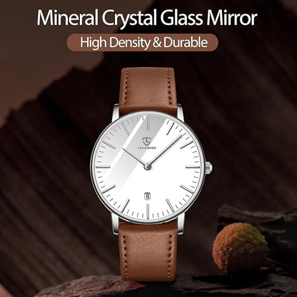 L LAVAREDO Watch for Men, Extremely Thin Mens Watches Minimalist Analog Men's Leather Wrist Watches with Time/Date, Birthday Gift for Men Boyfriend