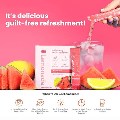 310 Nutrition Electrolyte Lemonade Powder No Sugar - Watermelon Water Flavoring Packets - Hydration & Energy Drink Mix - Zero Sugar, Low Calorie Water Enhancer - 30 Singles - Made in The USA