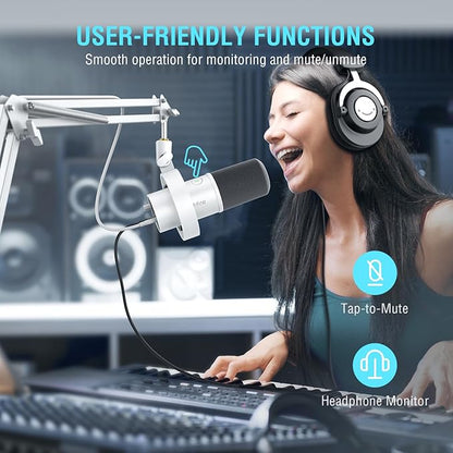 FIFINE Dynamic Microphone with Boom Arm, Studio Vocal XLR Microphone, Podcast USB Mic Kit for PC with Mute Button, Volume Knob, Headphone Jack, for Streaming Recording-AmpliTank K688CT White