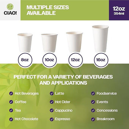 CIAO! 12 oz Insulated Double Wall White Paper Hot Cup, 90 mm Diameter, 500 Count
