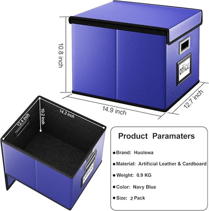 Huolewa Portable Leather File Organizer Boxes with Lids, Collapsible File Folder Organizer Boxes, Decorative Small Filing File Cabinet for Home/Office, Easily Store Documents/Hanging File Folders