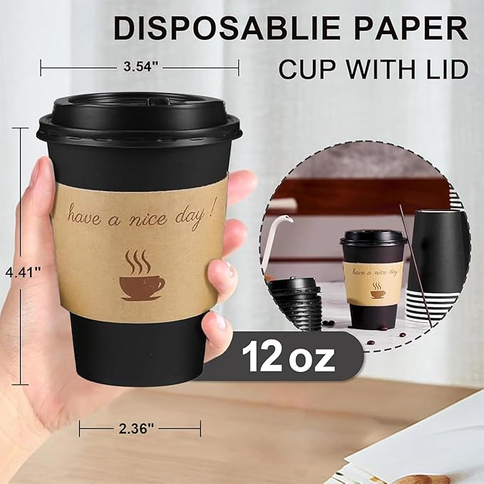 500 Pack 12 oz Coffee Cups with Lids, Disposable To Go Paper Coffee Cups with Sleeves and Stirring Sticks for Hot/Cold Drinks Office Home Shop Event (Black)