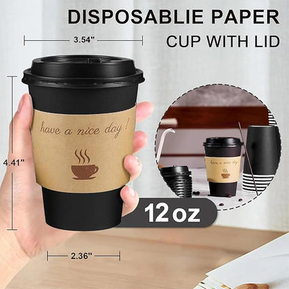 100 Pack 12 oz Coffee Cups with Lids, Disposable To Go Paper Coffee Cups with Sleeves and Stirring Sticks for Hot/Cold Drinks Office Home Shop Event (Black)