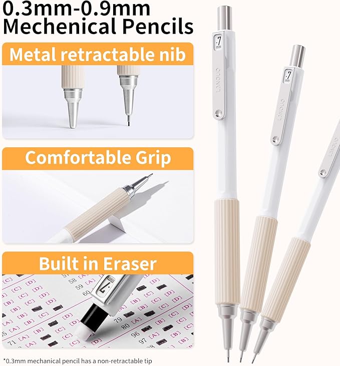Mechanical Pencil Set with Case, 4PCS 0.3/0.5/0.7/0.9mm Art Mechanical Pencils + 4 Tubes Lead Refills (0.3/0.5/0.7/0.9mm) + 3PCS Erasers + 1PCS Case, Drawing Mechanical Pencils for Writing, Sketching