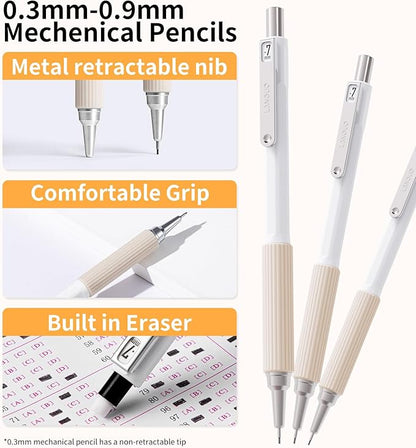 Mechanical Pencil Set with Case, 4PCS 0.3/0.5/0.7/0.9mm Art Mechanical Pencils + 4 Tubes Lead Refills (0.3/0.5/0.7/0.9mm) + 3PCS Erasers + 1PCS Case, Drawing Mechanical Pencils for Writing, Sketching